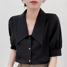 黑色衬衫女中袖设计感小众职业装法式复古泡泡袖上衣短袖夏季衬衣