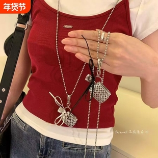 个性编织爱心丝带包包项链女韩国长款银色小众斜挎卫衣毛衣链配饰