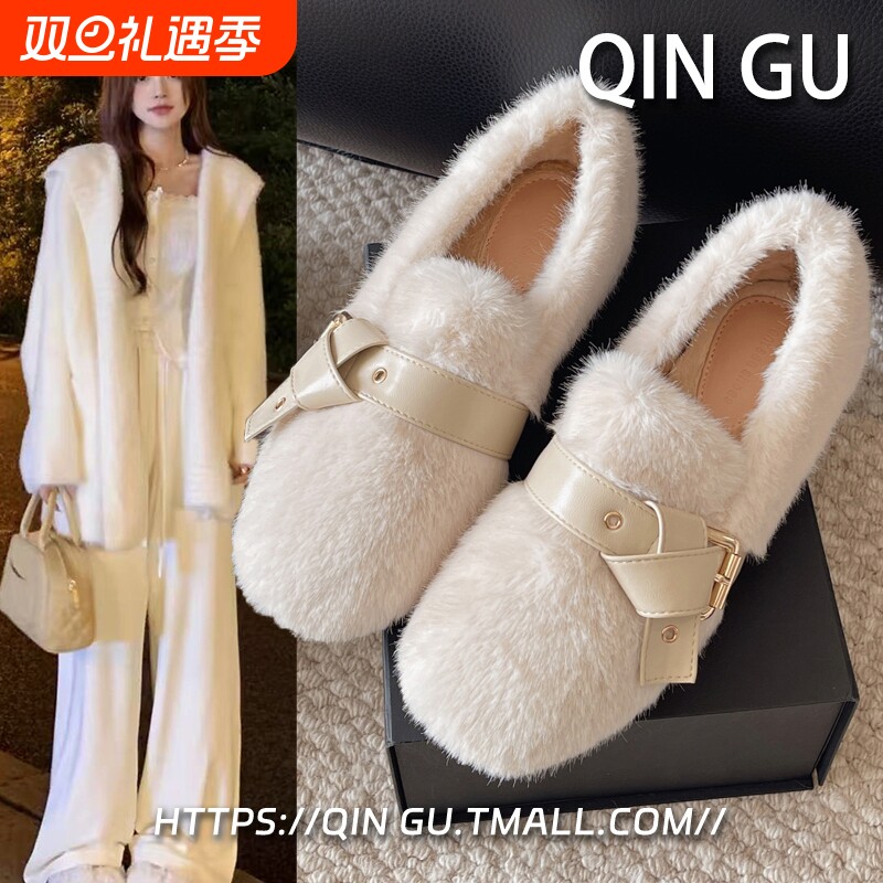 内增高白色毛毛鞋女外穿2025新款冬季高级感毛绒单鞋保暖豆豆棉鞋