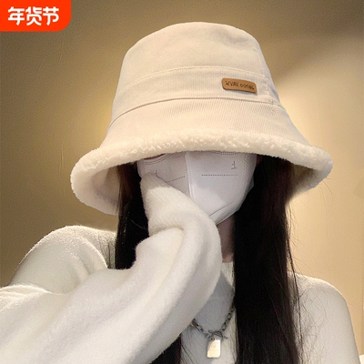 羊羔绒女士加绒渔夫帽秋冬季百搭显脸小盆帽加厚保暖防风防寒帽子