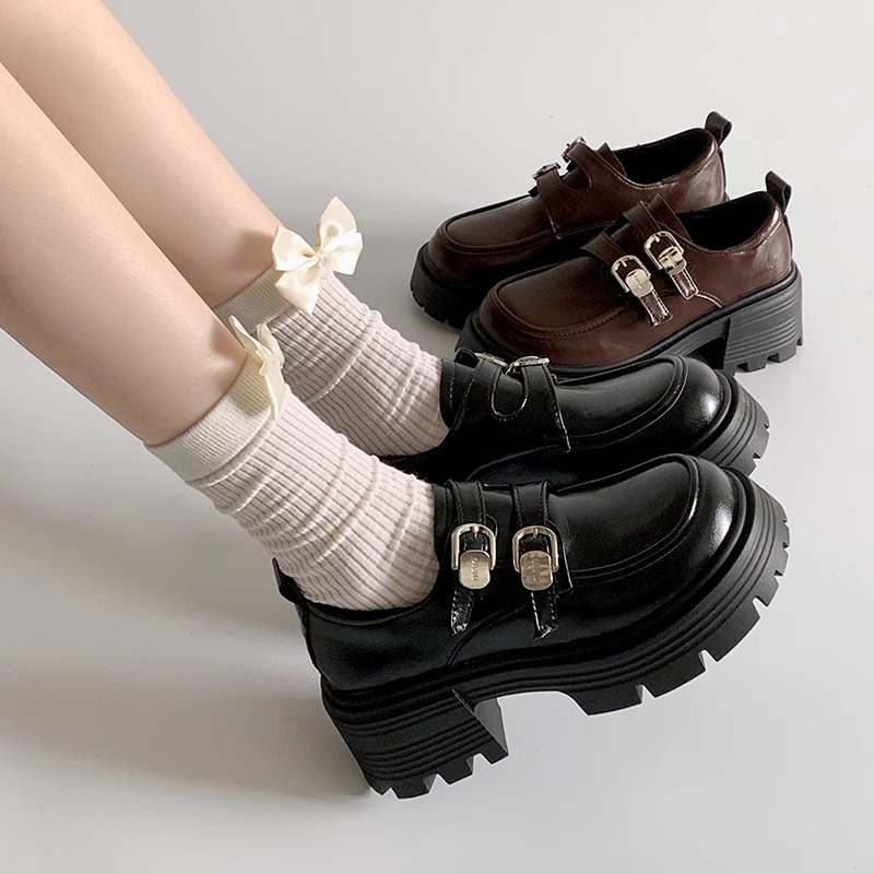 大薇家复古黑色英伦风厚底小皮鞋女2025年新款春季增高法式乐福鞋