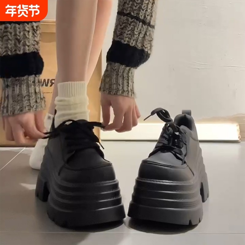 时尚百搭厚底小皮鞋女2025春季新款小个子超厚底增高10cm单鞋黑色,女鞋,乐福鞋（豆豆鞋）,淘宝优惠券,粉丝福利购,淘宝优惠卷