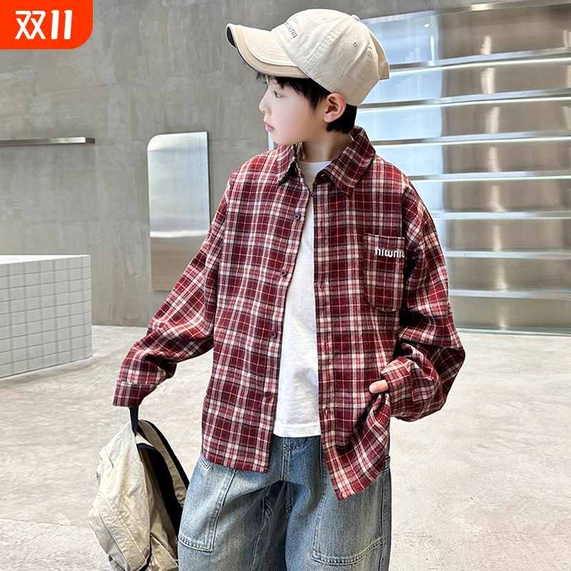 男童春秋款宽松休闲格子衬衫外套