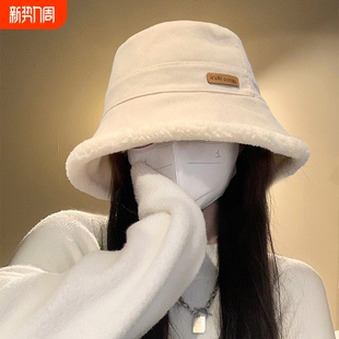 羊羔绒女士加绒渔夫帽秋冬季百搭显脸小盆帽加厚保暖防风防寒帽子