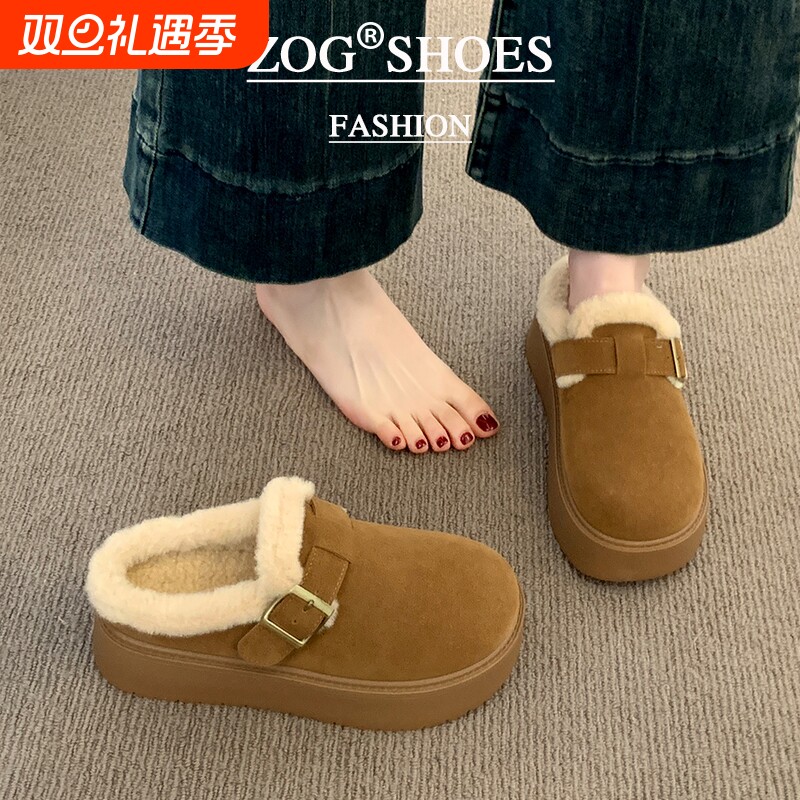毛毛拖鞋女外穿2025新款秋冬加绒包头棉拖鞋厚底勃肯半拖雪地靴女