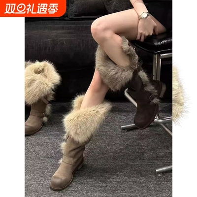 长筒雪地靴女款2025冬季新款俄式高筒帕扣保暖棉鞋灰色毛绒咖啡色