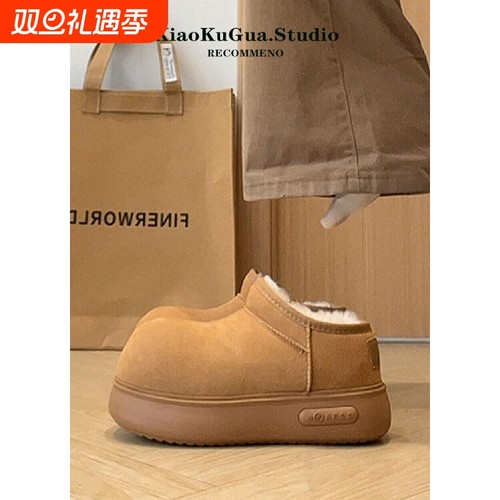 大头保暖雪地靴女2025新款冬季皮毛一体加绒加厚勃肯半拖厚底棉鞋