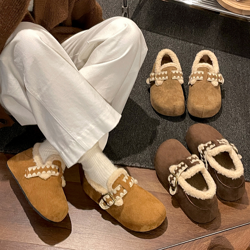 南在南方棕色厚底加绒棉鞋女款2025新款冬季保暖勃肯毛毛鞋子单鞋