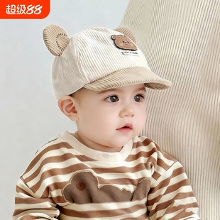 宝宝帽子婴儿鸭舌秋冬季韩版厚男女童可爱小熊防晒灯芯绒春秋软檐