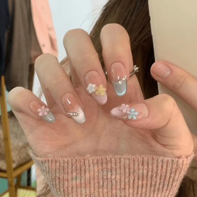 ins穿戴甲手工指甲贴片穿戴显白高级多巴胺猫眼蕾丝新年韩系冰花