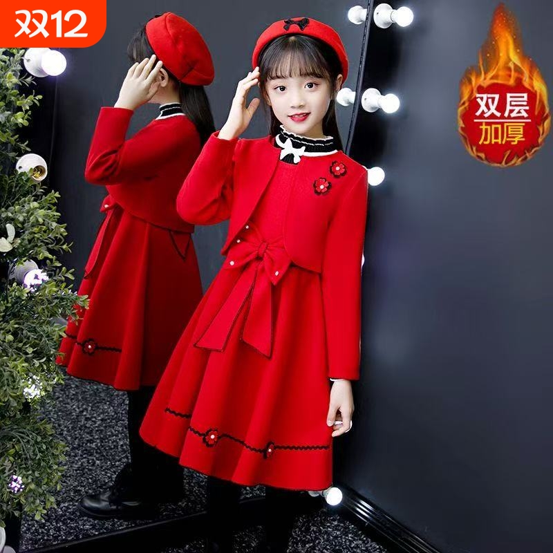 女童秋冬连衣裙2025新款韩版红色毛呢套装儿童公主裙洋气宝宝童装