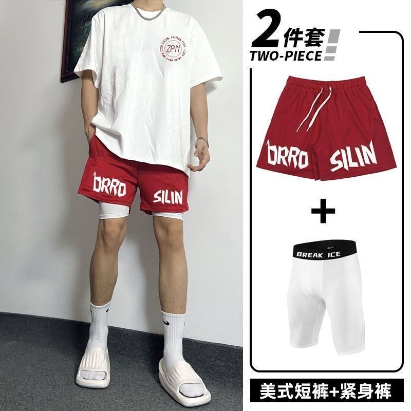 夏季速干紧身短裤男美式网眼运动篮球裤训练健身裤休闲黑色套装