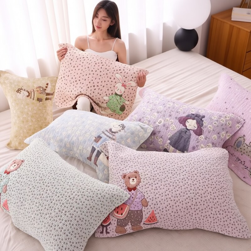 纯棉纱布枕巾一对装可爱卡通全棉柔软枕头巾吸汗透气成人家用盖巾
