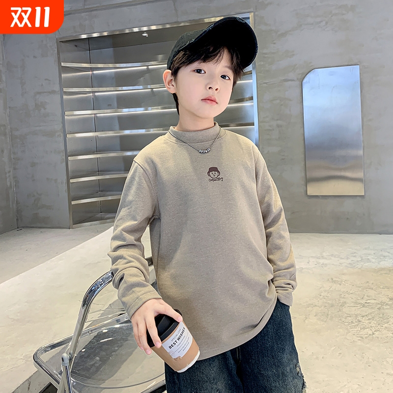 男童长袖t恤秋冬款2025新款冬季儿童装德绒半高领打底衫男孩冬装