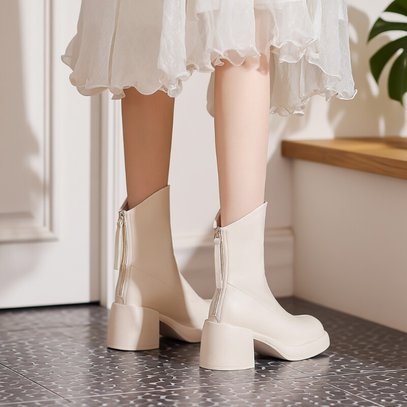 真皮白色法式洋气小短靴2025秋冬加绒马丁靴厚底高跟瘦瘦切尔西靴