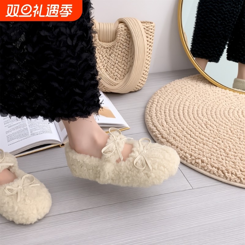 温柔甜美圆头浅口内增高毛毛鞋女秋冬外穿加绒保暖蝴蝶结玛丽珍鞋