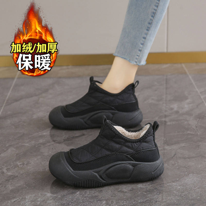 棉鞋女冬季保暖黑色防滑工作鞋一脚蹬妈妈鞋加绒运动鞋防水雪地靴