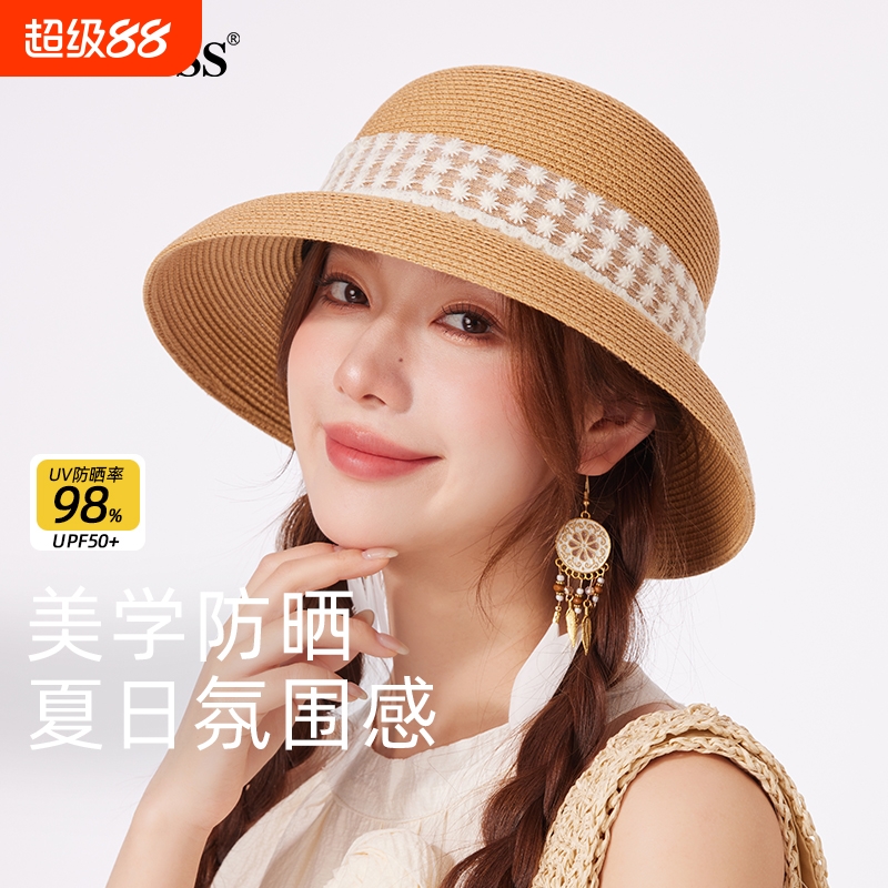CACUSS草帽防紫外线女款防晒帽度假遮阳帽草编太阳帽沙滩太阳帽子