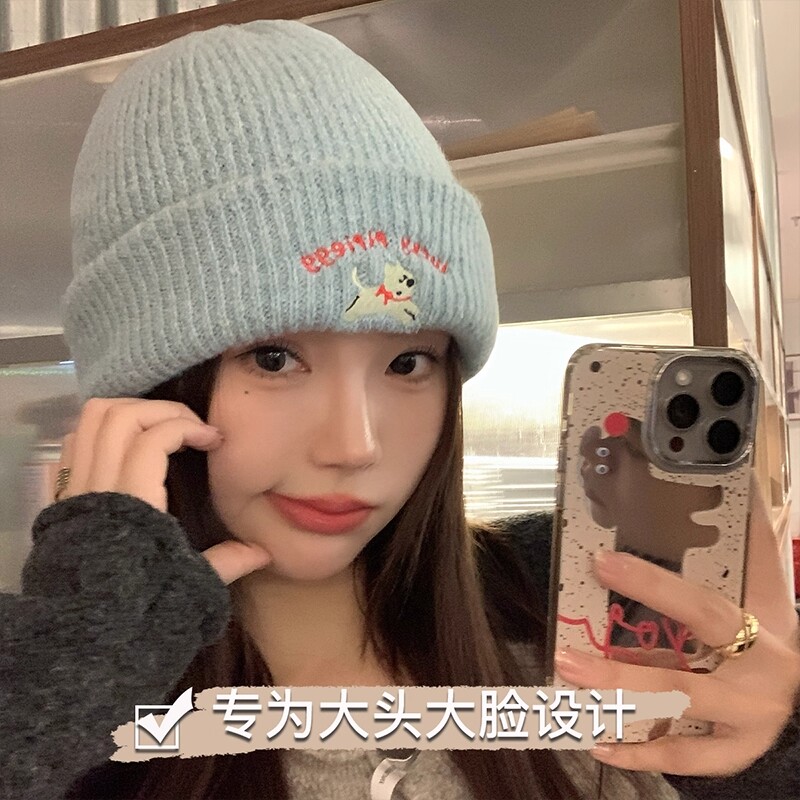 毛线帽女秋冬大头围针织加厚保暖冷帽堆堆帽子显脸小冬季红色蓝色