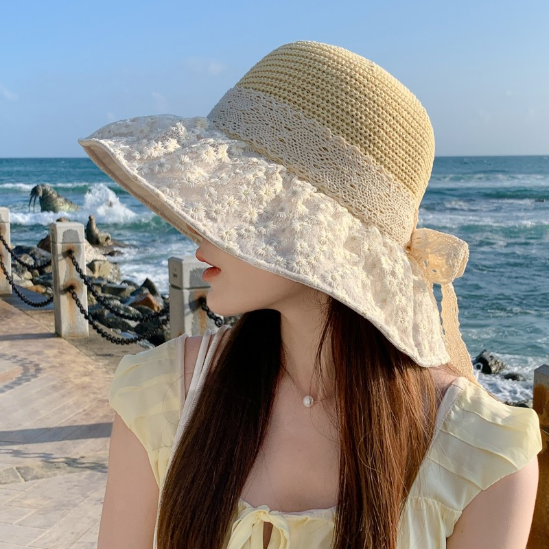 大帽檐遮阳草帽女夏季透气蕾丝蝴蝶结防晒帽韩版海边出游沙滩帽子