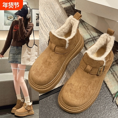 真皮厚底勃肯鞋女款加绒加厚棉鞋皮毛一体雪地靴女2025新款秋冬季