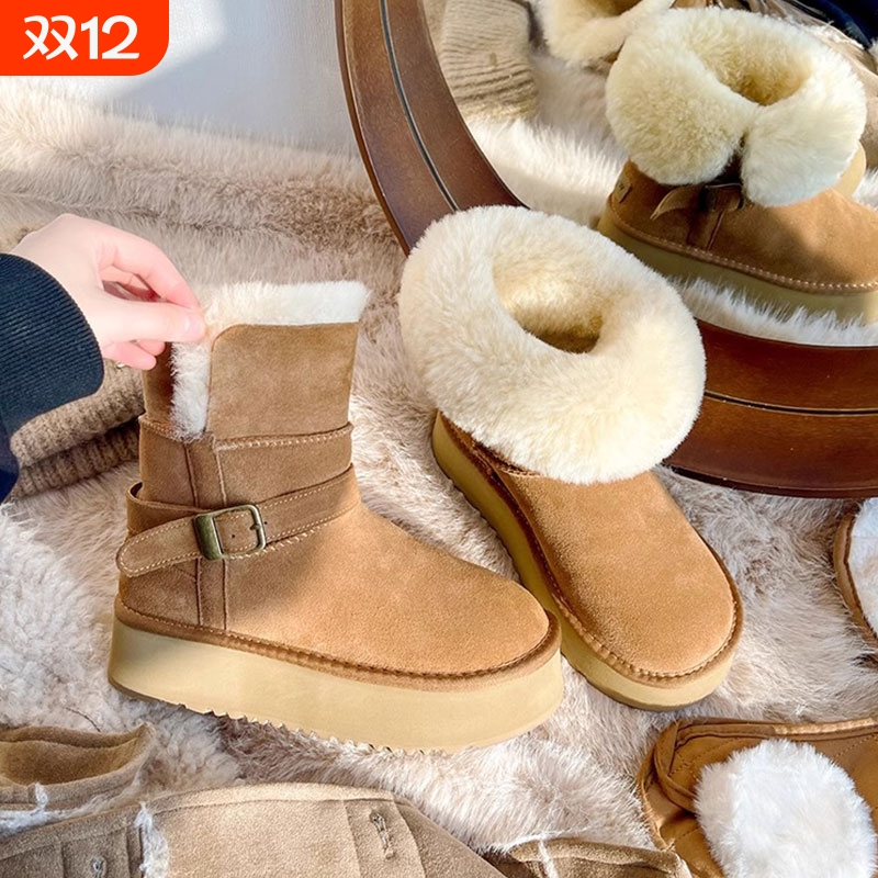 厚底皮毛一体雪地靴女款2025新款冬季加绒加厚保暖中筒毛毛大棉鞋
