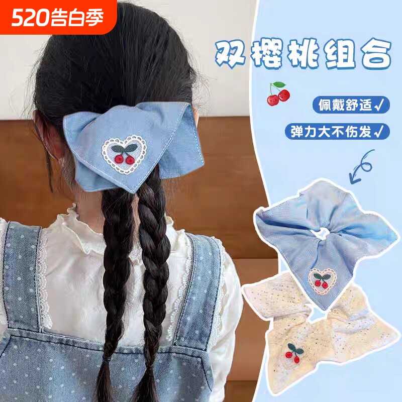 清新甜美蓝白格子樱桃方巾发圈发箍女简约气质大肠圈发圈头绳发饰