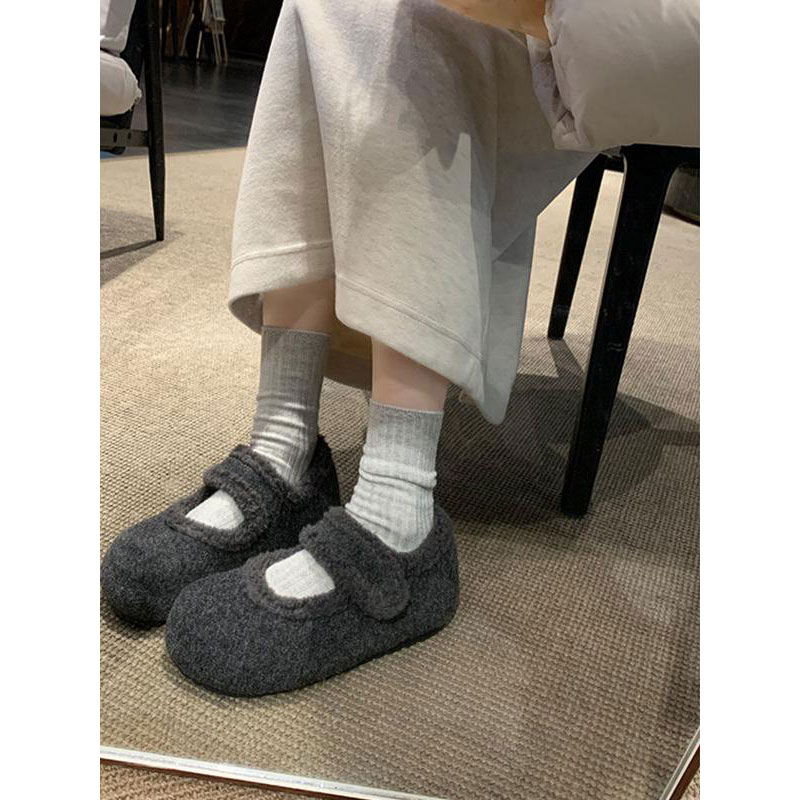 加绒玛丽珍鞋女冬毛毛鞋2025年新款内增高毛呢料配大衣勃肯棉鞋子