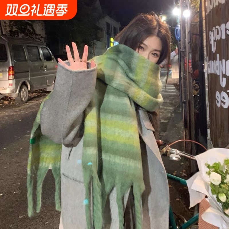 围巾女冬季2025新款条纹仿羊绒保暖围脖脖套圣诞高级感格子披肩厚