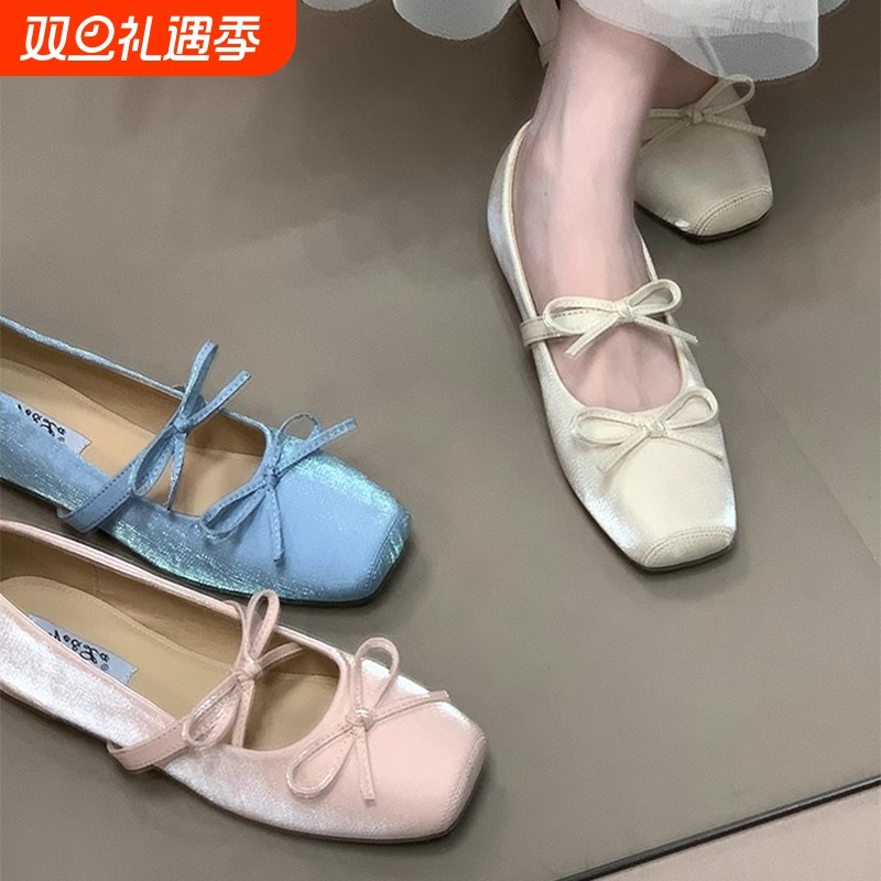 内增高新款方头芭蕾舞鞋浅口单鞋女2025夏仙女蝴蝶结温柔玛丽珍鞋
