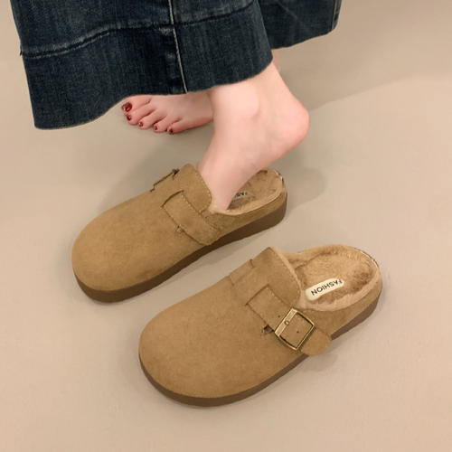 厚底毛毛勃肯鞋女秋冬包头半拖外穿2025新款一脚蹬孕妇加绒棉拖鞋