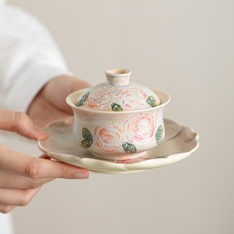 简约日式粉引手绘玫瑰盖碗家用陶瓷小号泡茶碗茶杯女士专用小清新,餐饮具,盖碗,淘宝优惠券,粉丝福利购,淘宝优惠卷