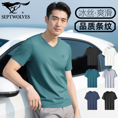 七匹狼冰丝凉感弹力条纹V领T恤男