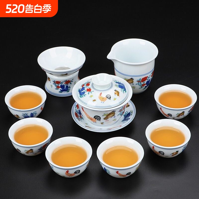 陶瓷大明成化鸡缸杯功夫茶具套装仿古家用瓷复古斗彩茶杯茶壶白瓷