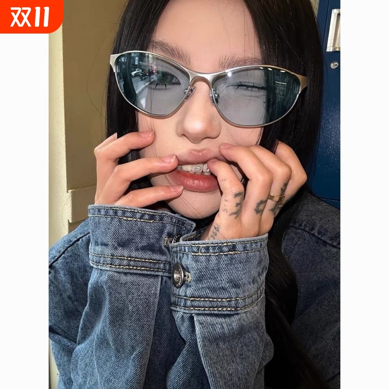 街拍防紫外线太阳镜猫眼凹造型美式蓝色墨镜女Y2k时尚辣妹复古男