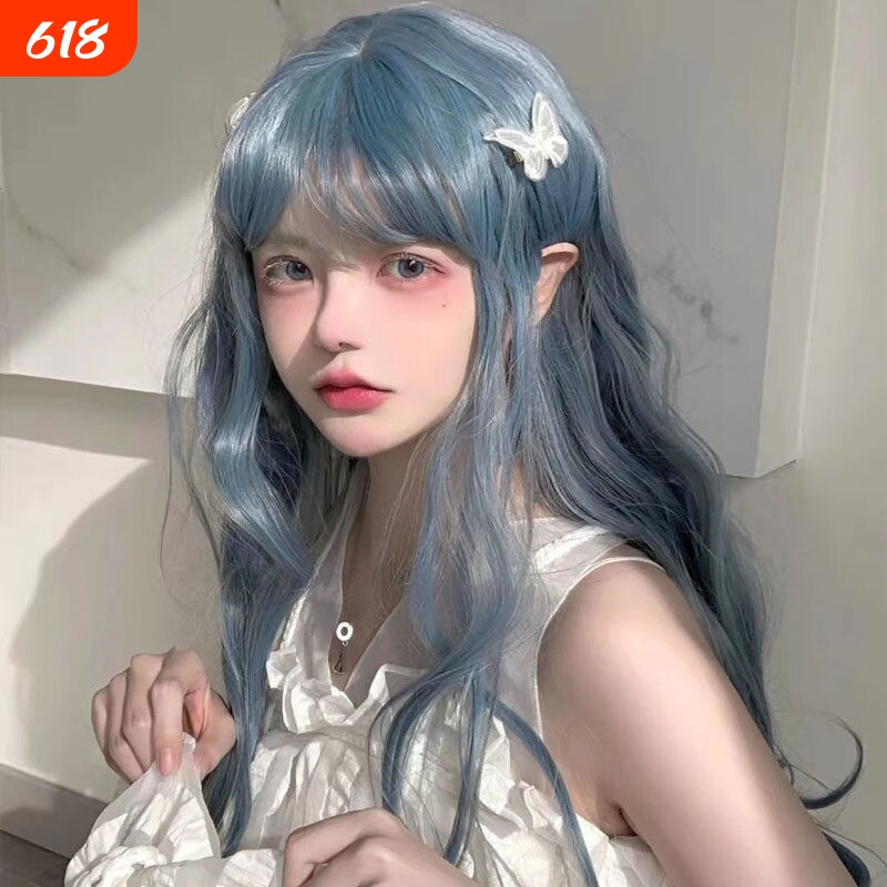 假发女Lolita洛丽塔cos雾霾蓝蓬松自然仿真大波浪长卷发全头