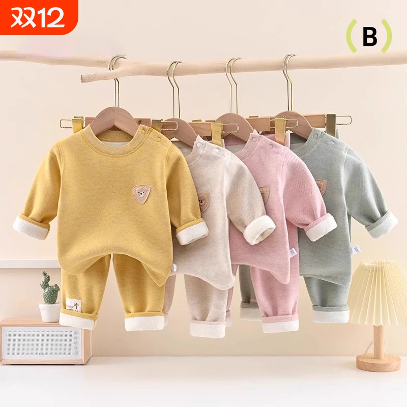 宝宝蚕丝羊绒保暖内衣套装冬季婴儿加绒高腰护肚秋衣秋裤儿童睡衣