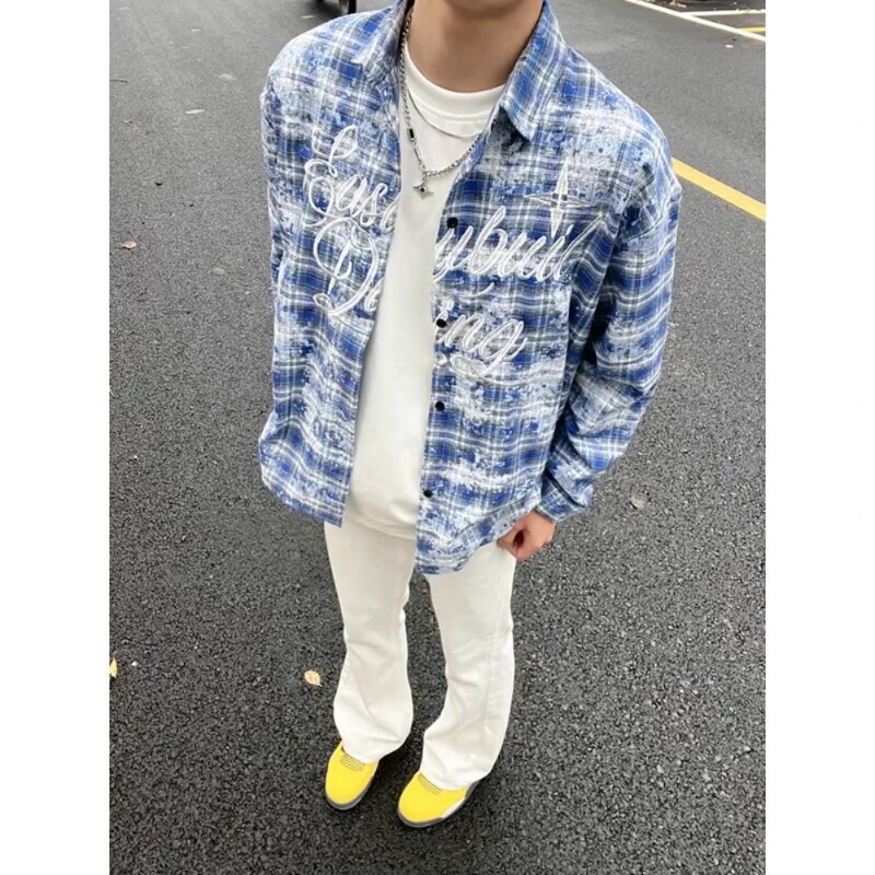美式扎染字母刺绣格子衬衫秋季男款格纹长袖衬衣开衫防晒外套上衣图片