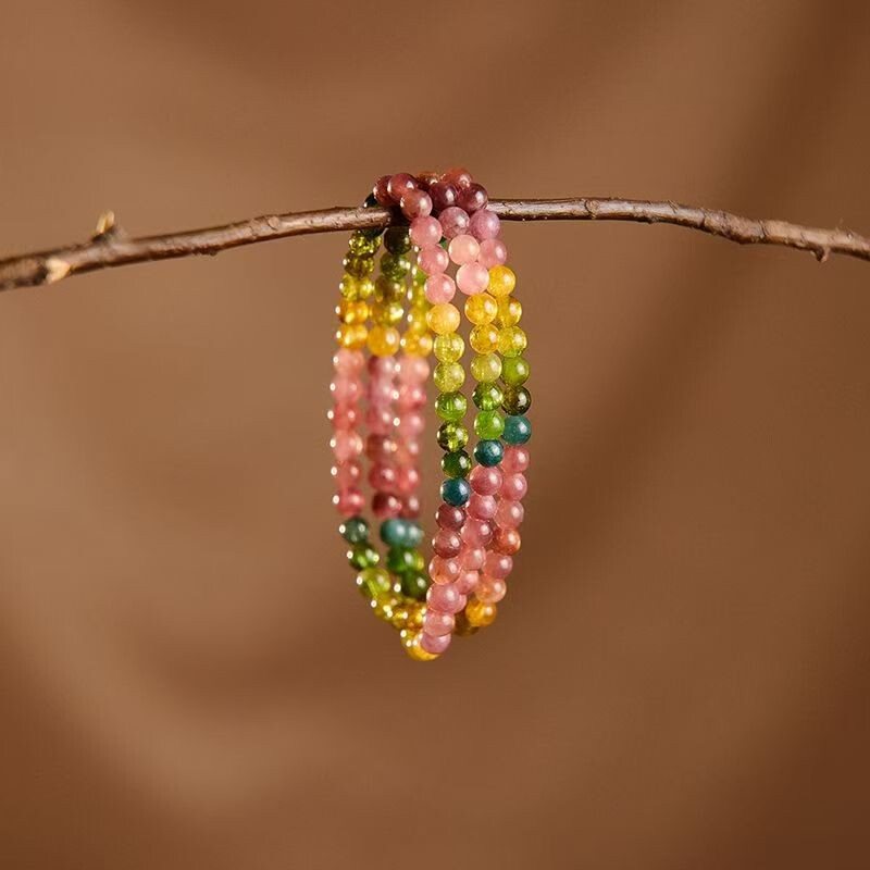 巴西老料天然碧玺手链女多圈三圈电气石粉嫩颜色亮色糖果碧礼物礼