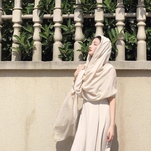 沙漠春秋旅游埃及敦煌头巾纯色大西北披肩围巾纱巾棉麻丝巾米色
