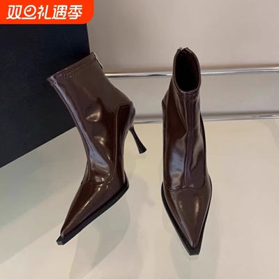 细跟瘦瘦靴女2025年秋冬新款时尚百搭尖头短靴气质高跟黑色棕色