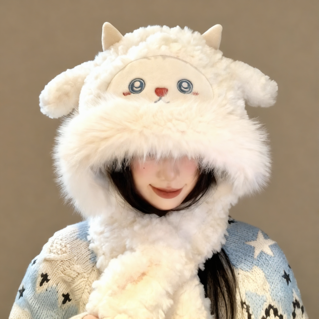 可爱小绵羊毛绒帽女冬季新款防寒保暖帽子围巾一体加厚雷锋帽会动