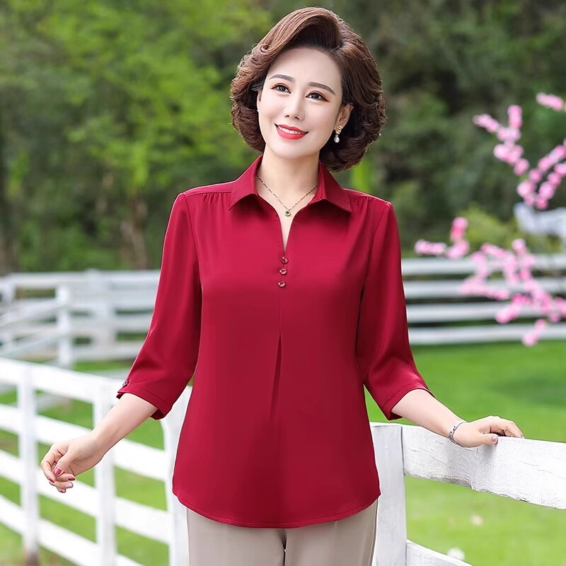 母亲节妈妈夏装套装真丝桑蚕丝中袖上衣中老年女装洋气衬衫中袖