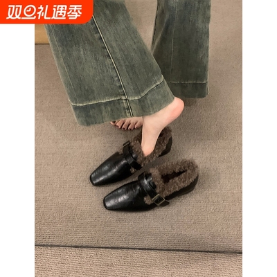 粗跟复古乐福单鞋女鞋子2025新款秋冬季加绒毛毛鞋小皮鞋保暖棉鞋