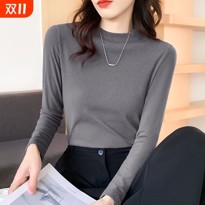 烟灰色半高领加厚打底衫女内搭2025秋冬新款紧身洋气保暖长袖上衣