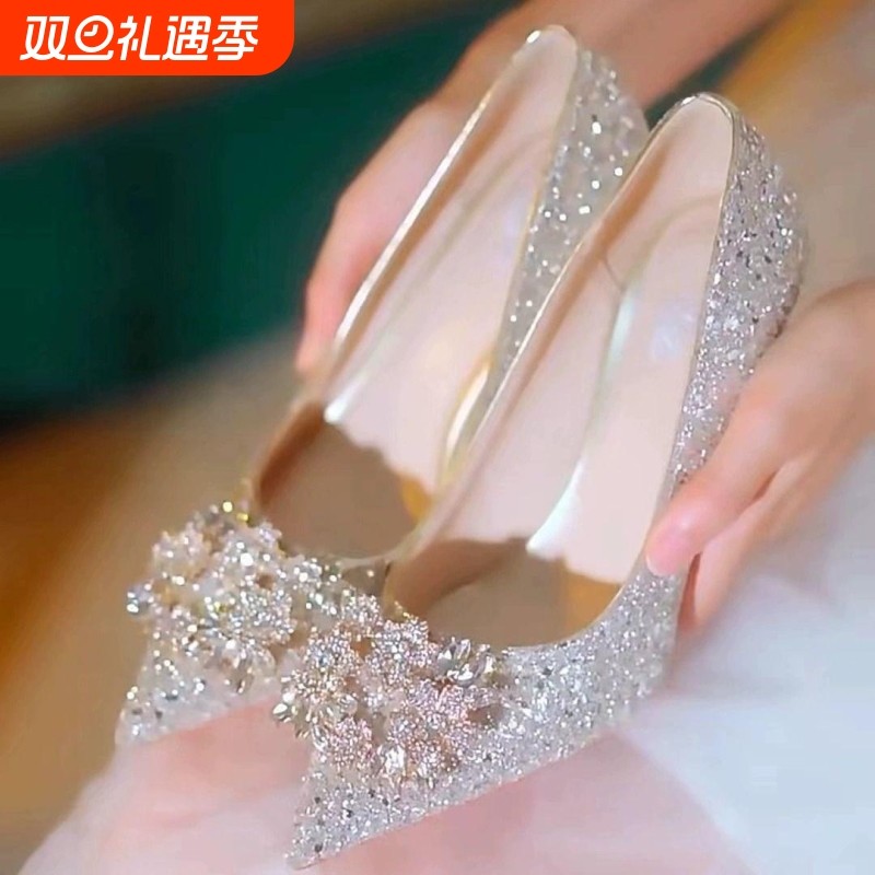 法式高跟鞋夏季女2025年新款水晶鞋婚鞋新娘鞋主婚纱鞋子结婚小众