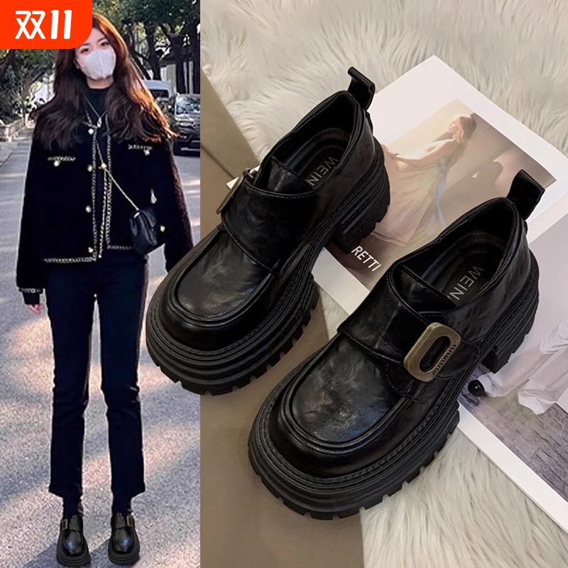 超软羊皮黑色厚底小皮鞋女2025秋季新款真皮单鞋增高英伦风乐福鞋