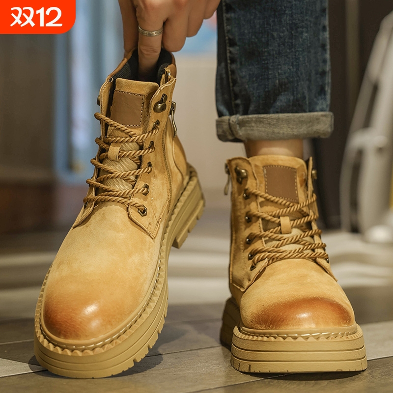 马丁靴男侧拉链中帮防滑皮鞋秋季新款厚底内增高鞋男6cm工装潮鞋