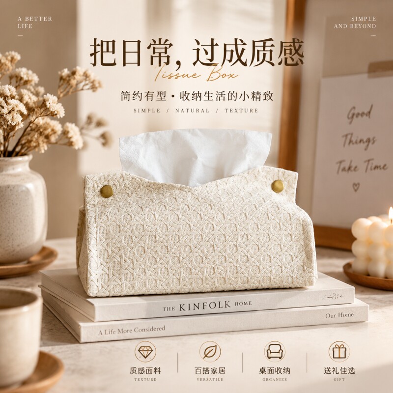 北欧极简环保藤编纹抽纸盒