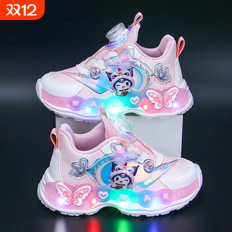 带灯女童运动鞋亮灯公主鞋2025秋冬新款小女孩旋转纽扣透气发光鞋